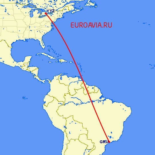 перелет Сан Паулу — Торонто на карте
