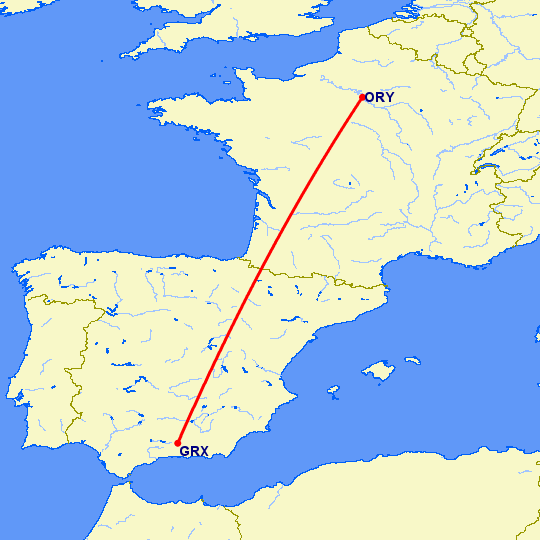 перелет Гранада — Париж на карте