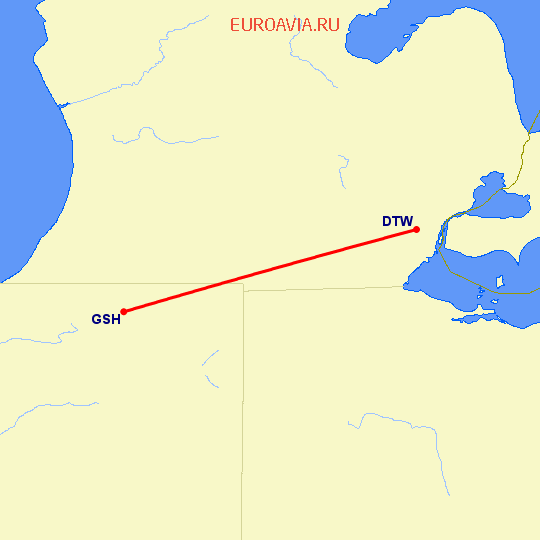 перелет Goshen — Детройт на карте