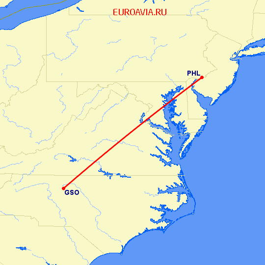 перелет High Point — Филадельфия на карте