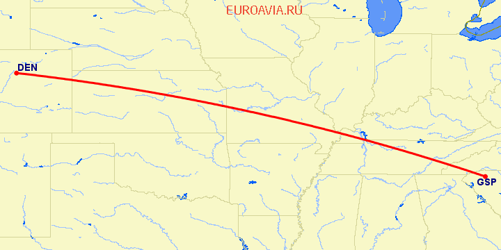 перелет Greenville — Денвер на карте