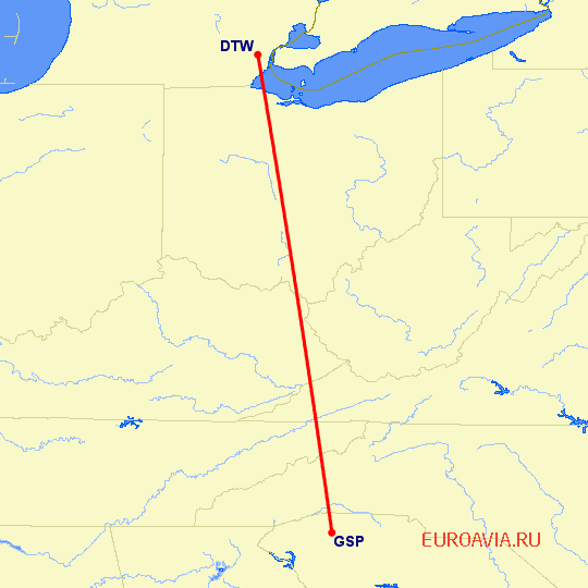 перелет Greenville — Детройт на карте