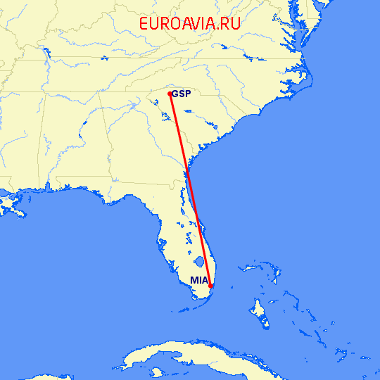 перелет Greenville — Майами на карте
