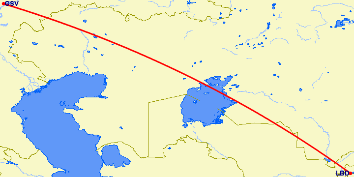 перелет Саратов — Худжанд на карте