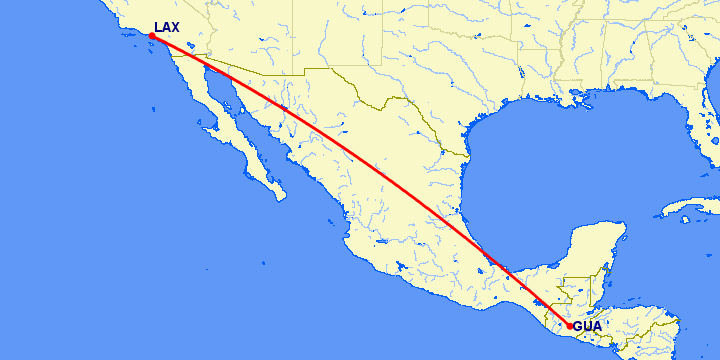 перелет Гватемала Сити — Лос Анджелес на карте