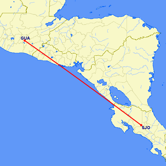 перелет Гватемала Сити — Сан Хосе на карте