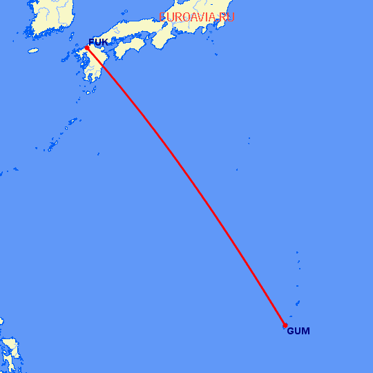 перелет Гуам — Фукуока на карте