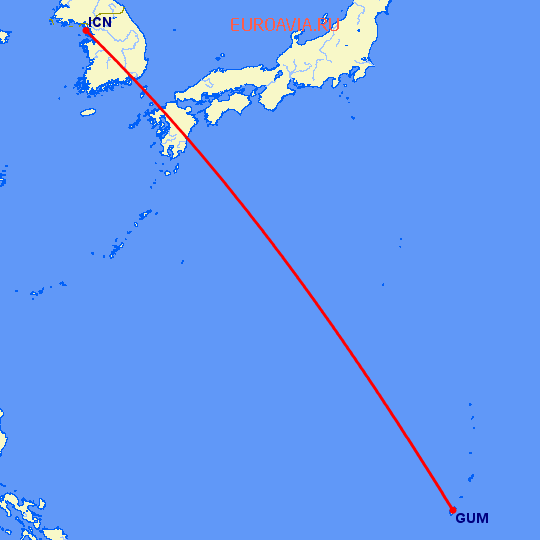 перелет Гуам — Сеул на карте