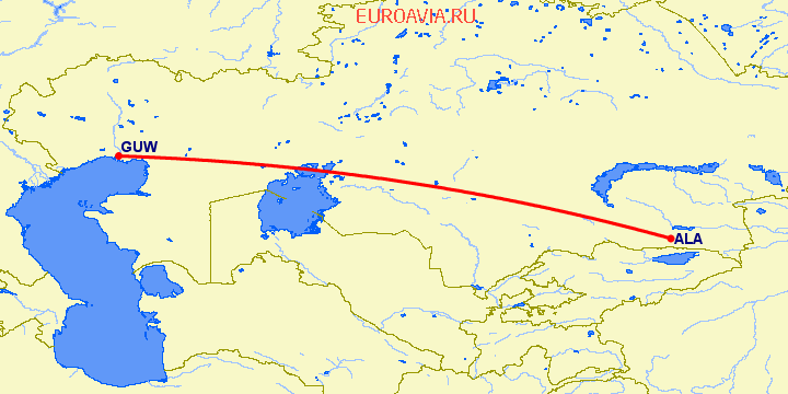перелет Атырау — Алматы на карте