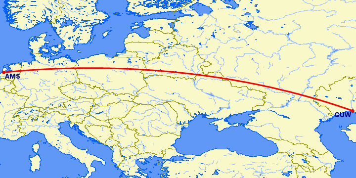 перелет Атырау — Амстердам на карте