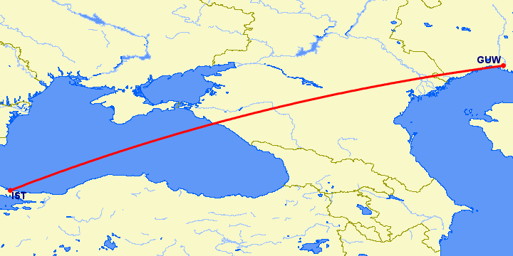 перелет Атырау — Стамбул на карте