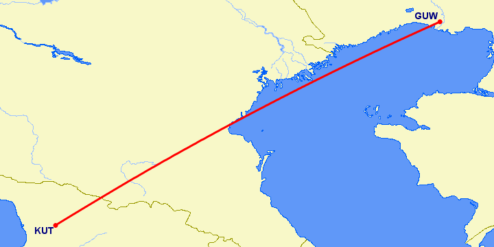 перелет Атырау — Кутаиси на карте