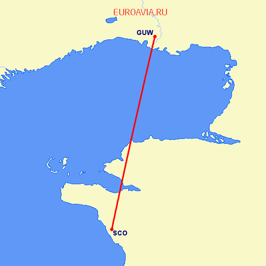 перелет Атырау — Актау на карте