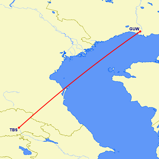 перелет Атырау — Тбилиси на карте