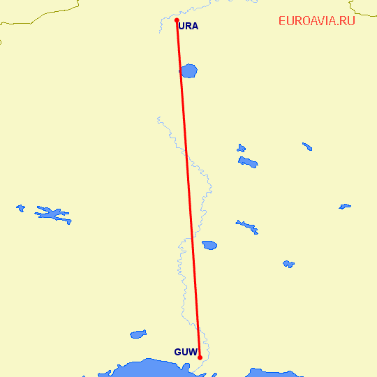 перелет Атырау — Уральск на карте