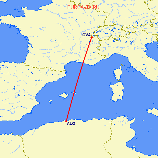 перелет Женева — Алжир на карте