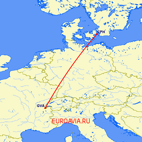 перелет Женева — Копенгаген на карте