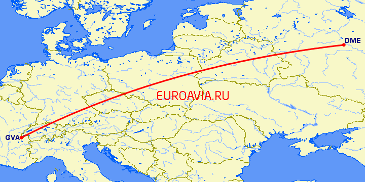 перелет Женева — Москва на карте