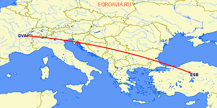 перелет Женева — Анкара на карте