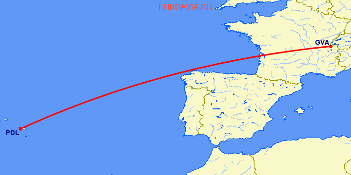 перелет Женева — Ponta Delgada на карте
