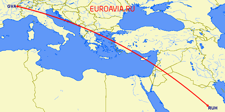 перелет Женева — Эр Рияд на карте
