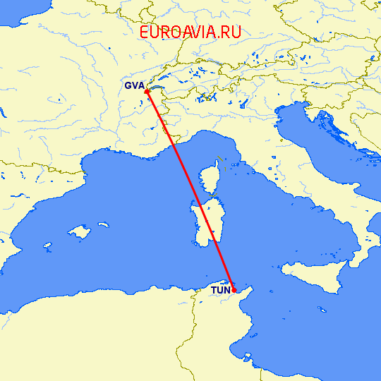 перелет Женева — Тунис на карте