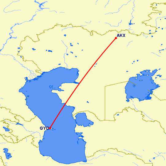 перелет Баку — Актюбинск на карте