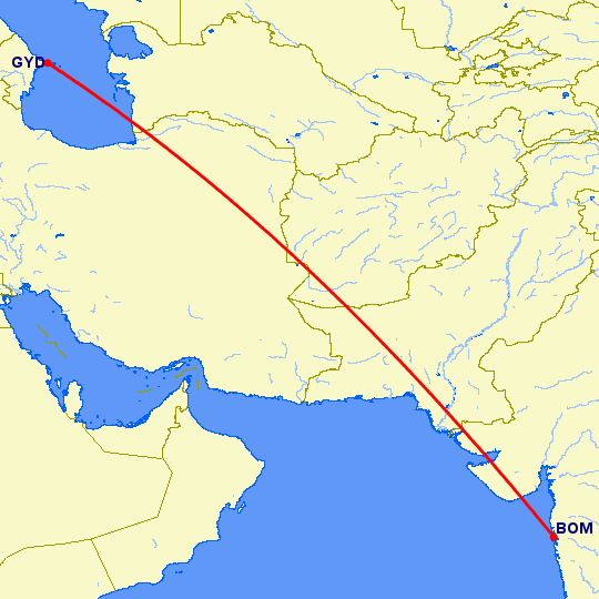 перелет Баку — Бомбей на карте