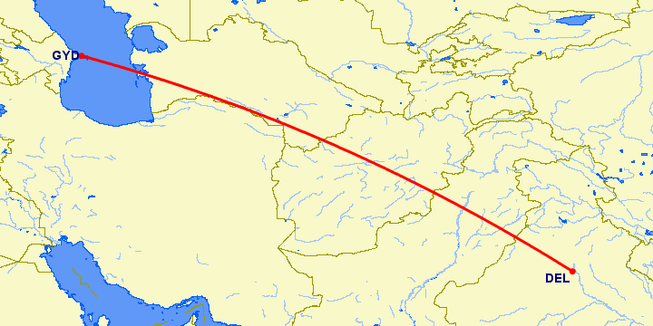перелет Баку — Нью Дели на карте