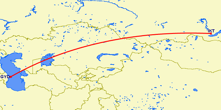 перелет Баку — Иркутск на карте