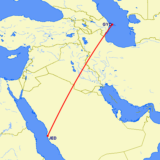 перелет Баку — Джедда на карте