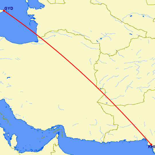 перелет Баку — Карачи на карте