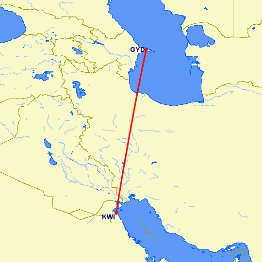 перелет Баку — Кувейт на карте