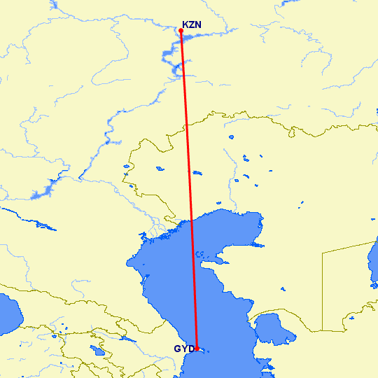 перелет Баку — Казань на карте