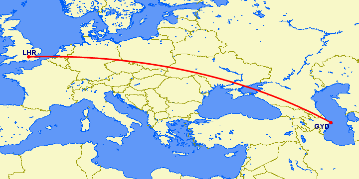 перелет Баку — Лондон на карте