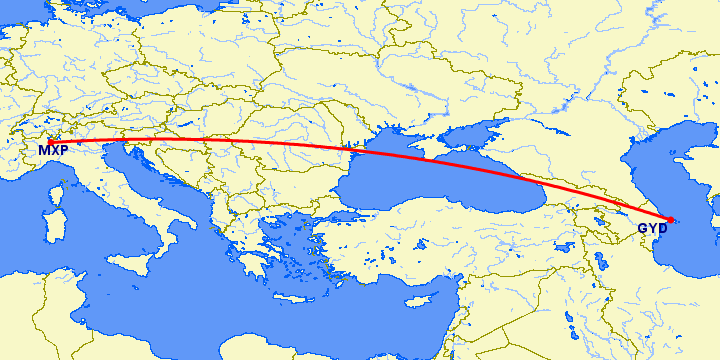 перелет Баку — Милан на карте
