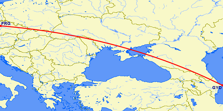 перелет Баку — Прага на карте