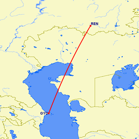 перелет Баку — Оренбург на карте