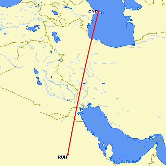 перелет Баку — Эр Рияд на карте