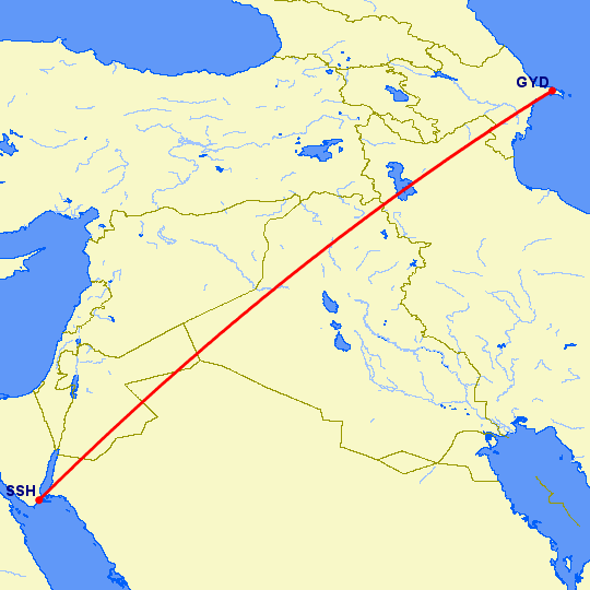 перелет Баку — Шарм эль Шейх на карте