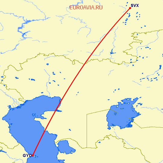 перелет Баку — Екатеринбург на карте