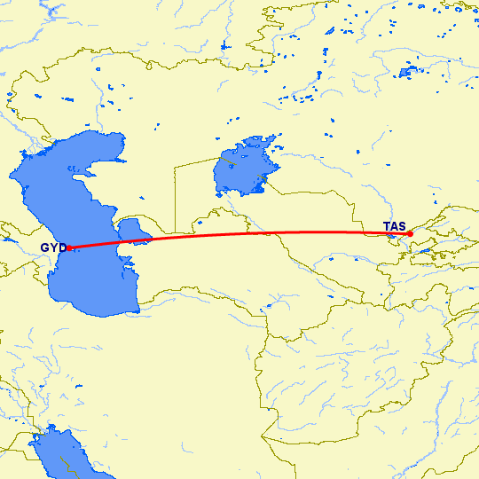перелет Баку — Ташкент на карте