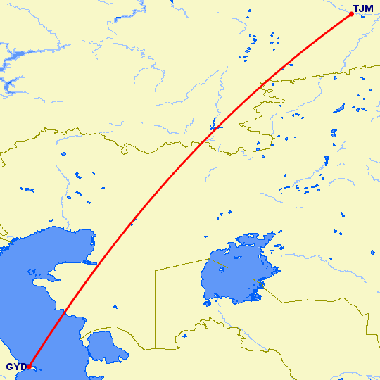 перелет Баку — Тюмень на карте
