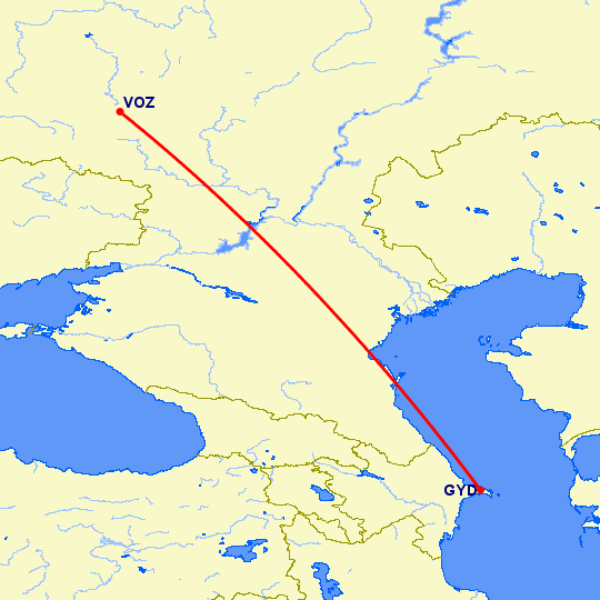 перелет Баку — Воронеж на карте