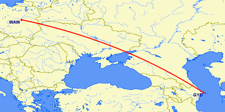 перелет Баку — Варшава на карте