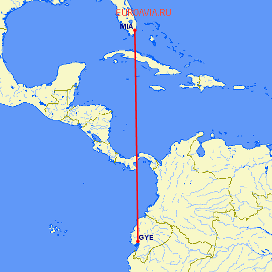 перелет Гуайяквил — Майами на карте