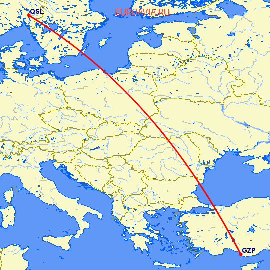 перелет Алания — Осло на карте