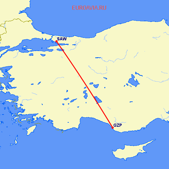 перелет Алания — Стамбул на карте