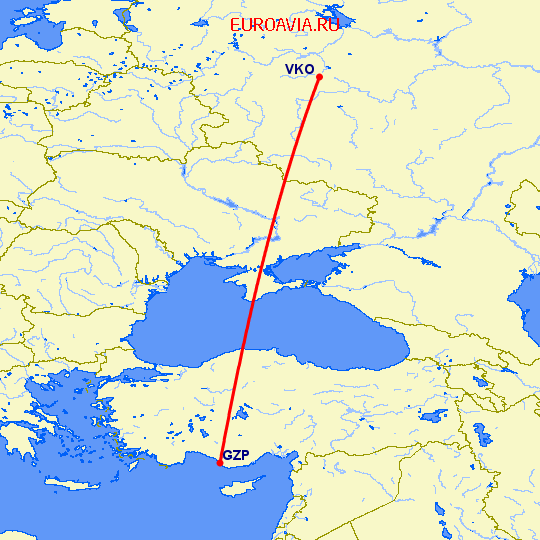 перелет Алания — Москва на карте