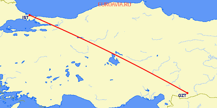 перелет Газиантеп — Стамбул на карте